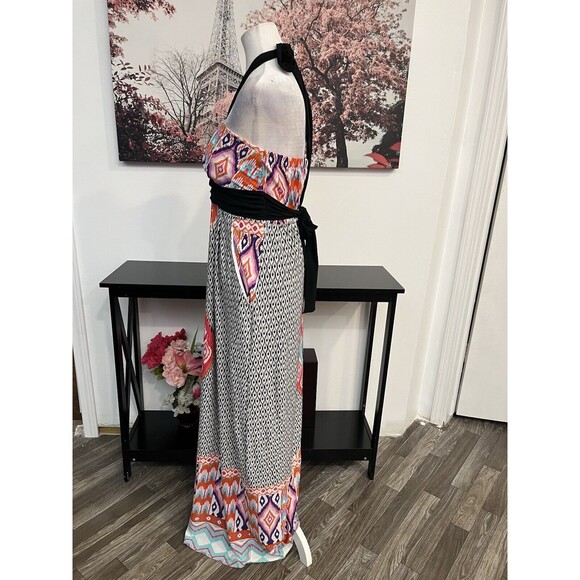 J.F.W Women’s Long Dress With Pockets Size L Halter Neck Geometric Padded Bra - Picture 7 of 9